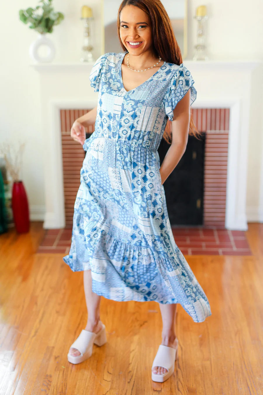 BLUE BOHO TIERED RUFFLE HEM POCKETED MIDI DRESS- LARGE