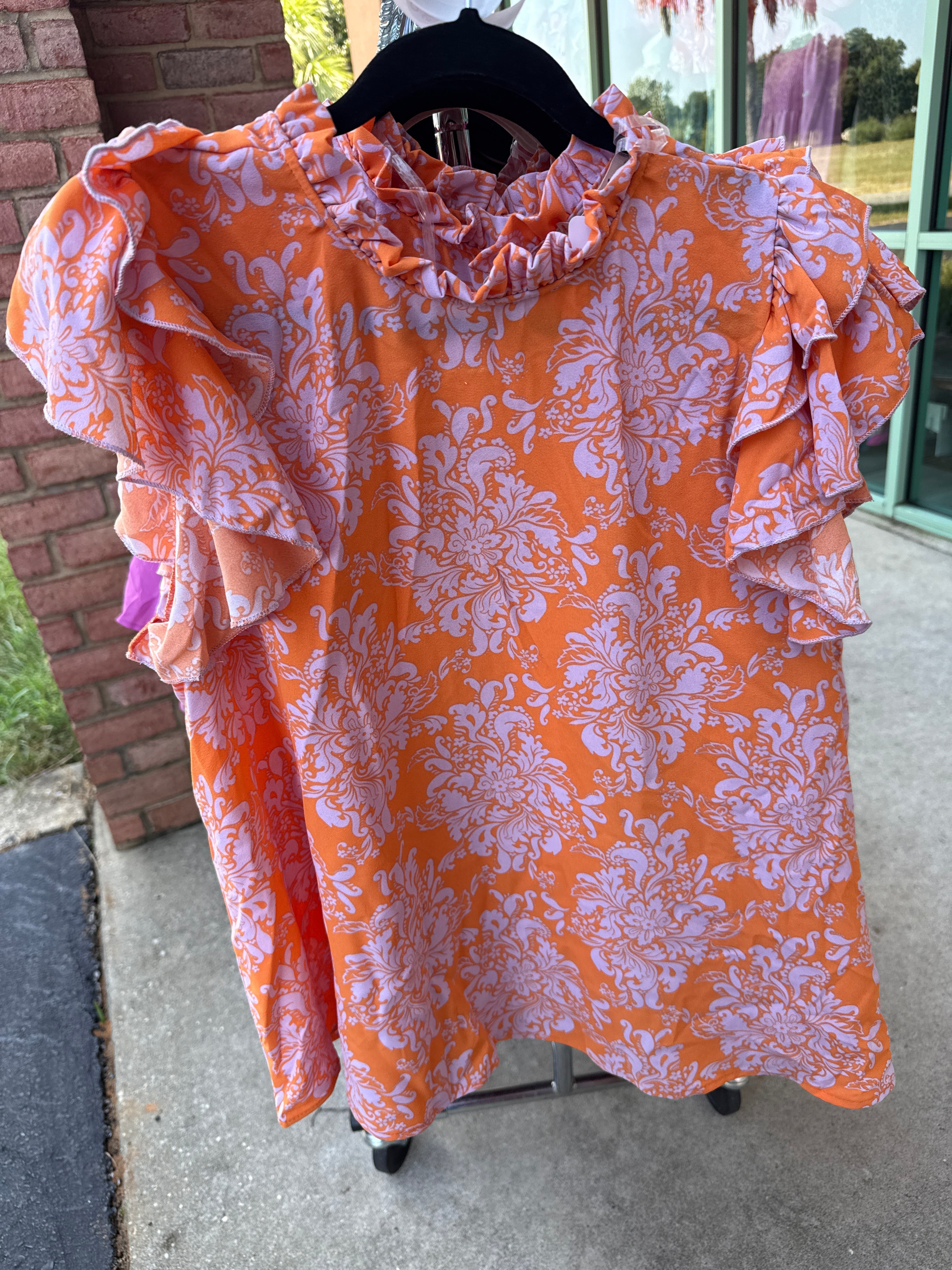 Orange Lilac Floral Mock Neck Double Layered Ruffle Top- SALE