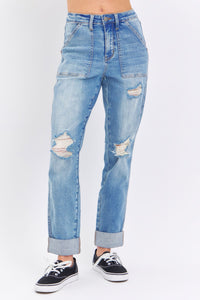 HIGH WAIST PATCH POCKET & DESTROYED BOYFRIEND MEDIUM WASH JUDY BLUE DENIM