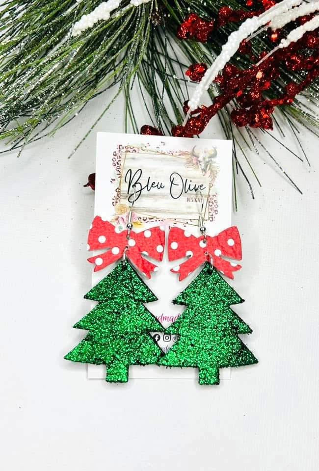 GLITZ & GLAM CHRISTMAS TREE BOW RIBBON TOPPER LIGHTWEIGHT LEATHER DANGLY HANDMADE EARRINGS BY B.O.D