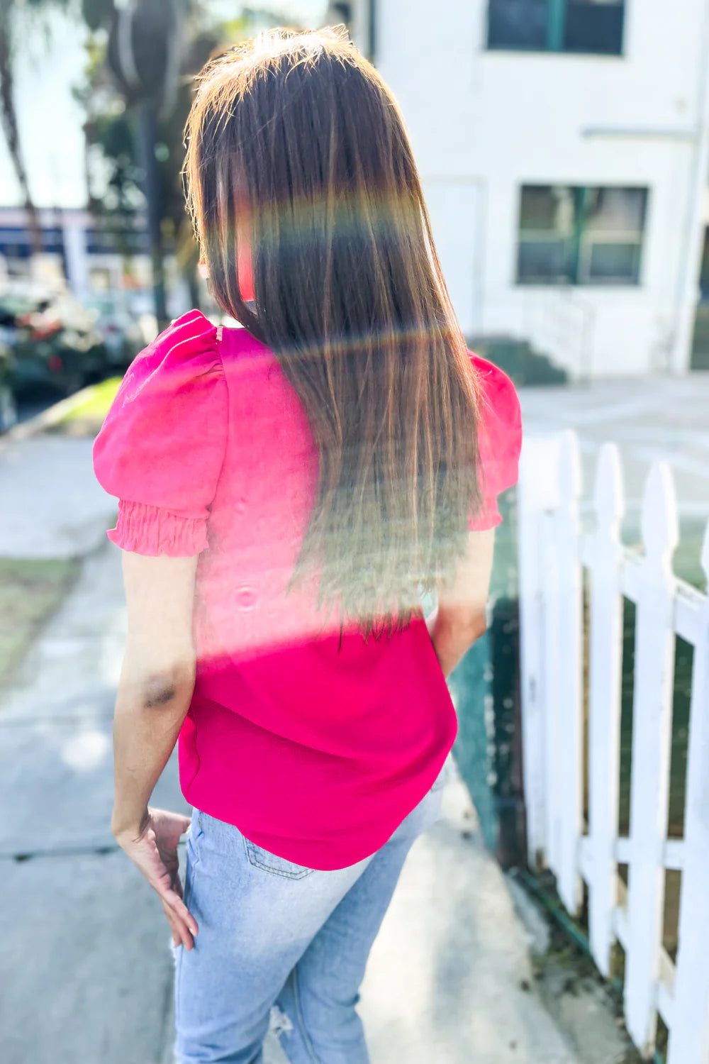 FUCHSIA PINK CRINKLED WOVEN SYNCHED RUCHED SLEEVE TOP