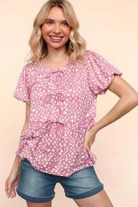 ROSE ANIMAL DOTTED FRONT RIBBONS BOW TIE BABYDOLL KNIT TOP