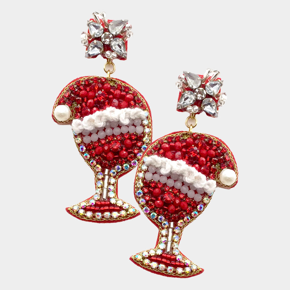 WINE GLASS SANTA HAT BLINGY SEEDBEAD RHINESTONE EARRINGS