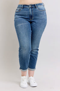 MID RISE VINTAGE WASH DARK WASH NON DESTROY BOYFRIEND FIT JUDY BLUE DENIM-PLUS