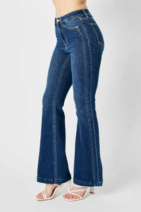 HIGH WAIST ANGLED SIDE SEAM DETAIL FLARE DENIM JUDY BLUE DARKWASH-PLUS