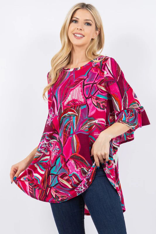 MAGENTA TEAL ABSTRACT PRINT BELL SLEEVE TOP-PLUS