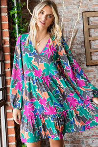 AQUA TEAL PINK FLORAL MULTI COLOR ABSTRACT PRINTED LONGSLEEVE DRESS