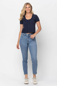 MEDIUM WASH HIGH WAIST SLIM SIDE SEAM FRAYED DETAIL JUDY BLUE DENIM