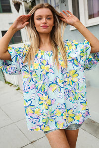 AQUA YELLOW GREEN BLUE FLORAL BUBBLE SLEEVE TOP