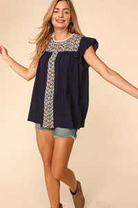 NAVY FLORAL EMBROIDERED YOKE WOVEN TOP-PLUS