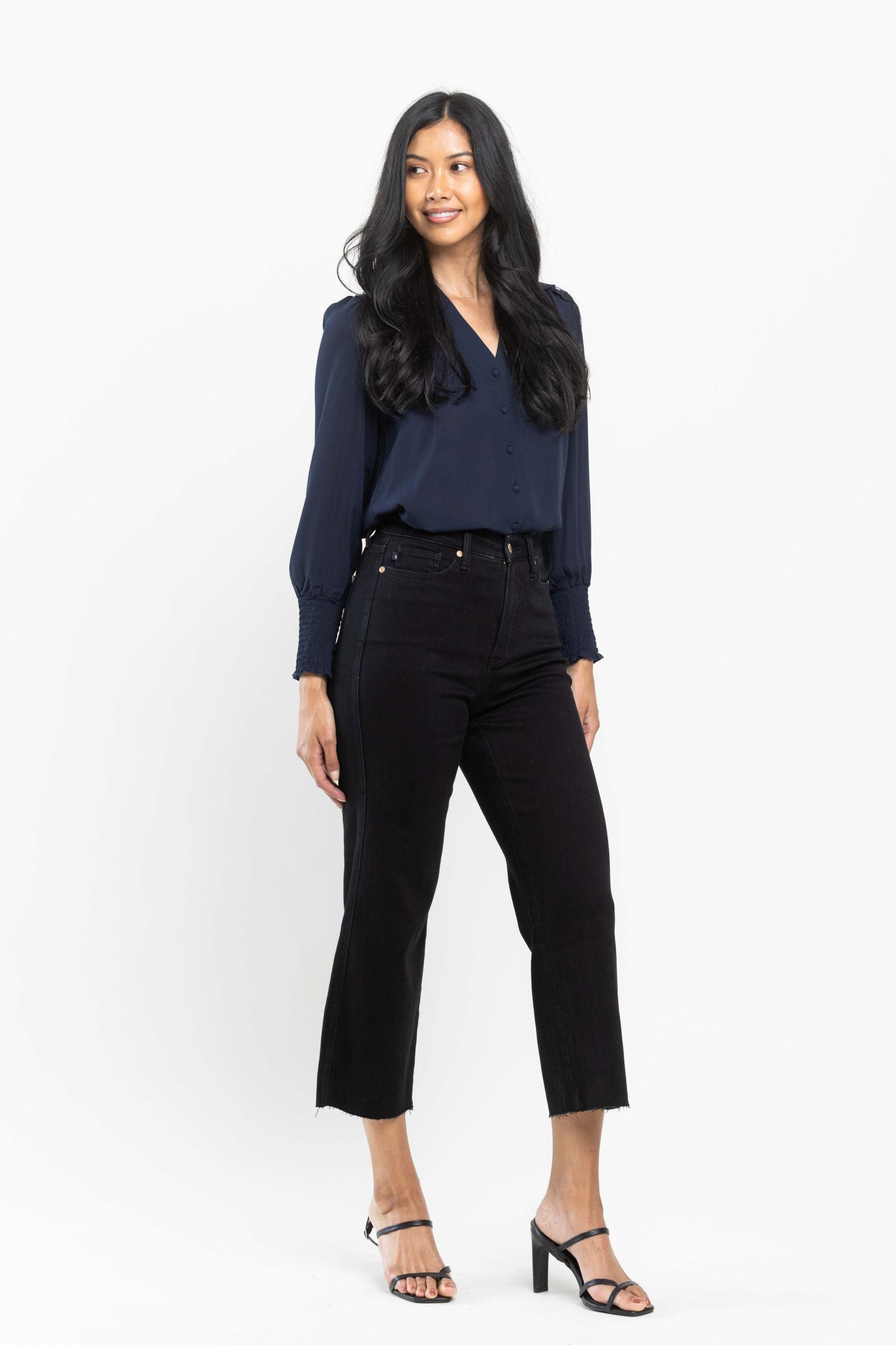 JUDY BLUE HIGH WAIST TUMMY CONTROL BLACK WIDE CROP LEG DENIM-PLUS