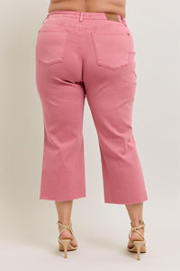 ROSE HIGH WAIST GARMENT DYED RAW HEM CROP WIDE LEG JUDY BLUE DENIM-PLUS