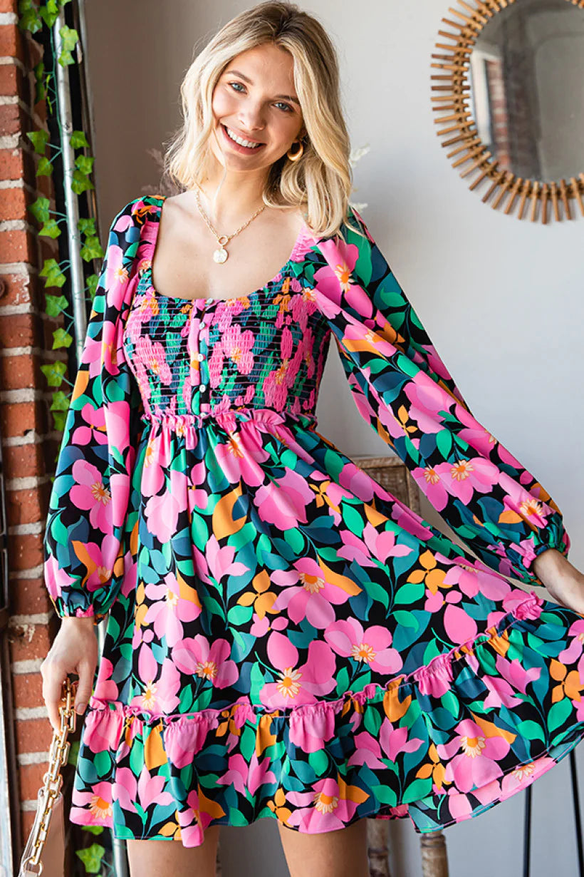 BLACK HOT PINK ORANGE GREEN BLUE FLORAL PRINT SMOCKED FIT & FLARE DRESS