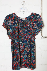 MULTI COLOR BOHEMIAN ETHNIC PRINT TIE FRONT SHORT SLEEVE FLUTTER TOP