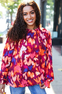 WINE MAGENTA BERRY FLORAL PRINT MOCK FRILLY NECK TOP