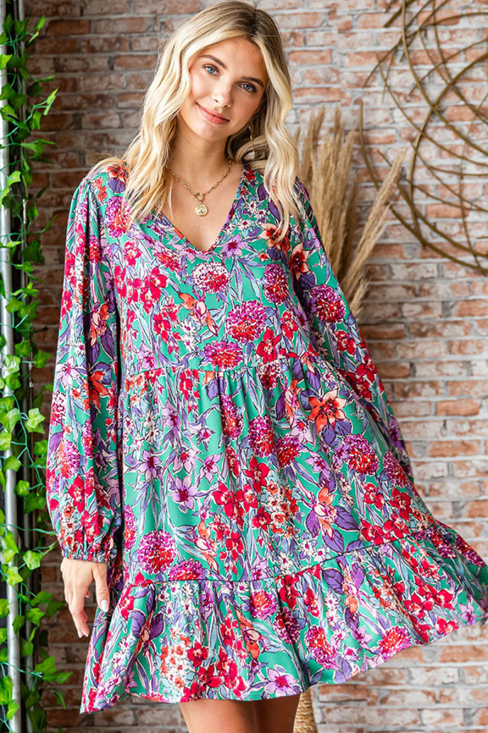 TEAL HOT PINK FLOWERS LONGSLEEVE TIERED DRESS