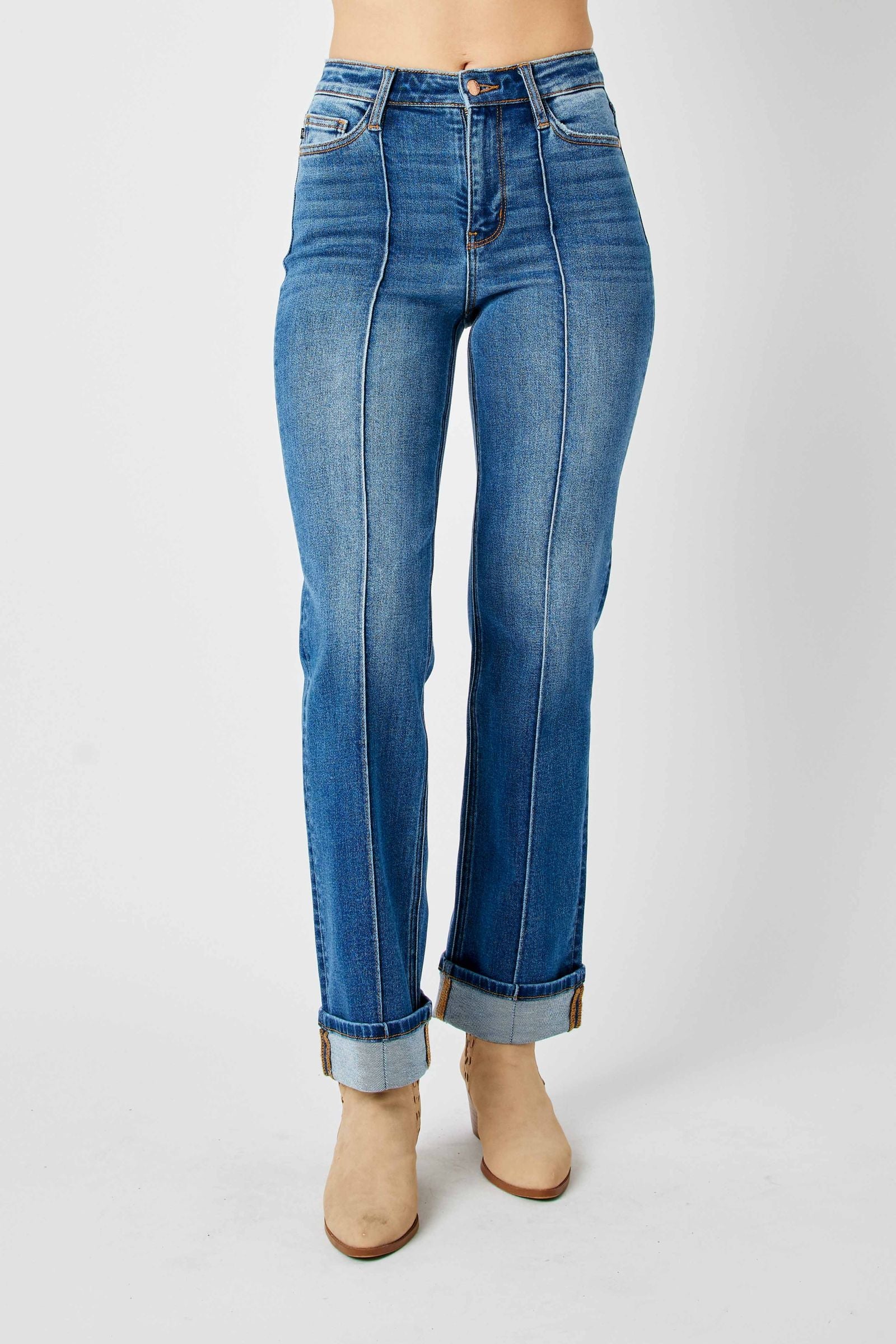 MEDIUM WASH HIGH WAIST FRONT SEAM DETAIL & CUFFED STRAIGHT JUDY BLUE DENIM