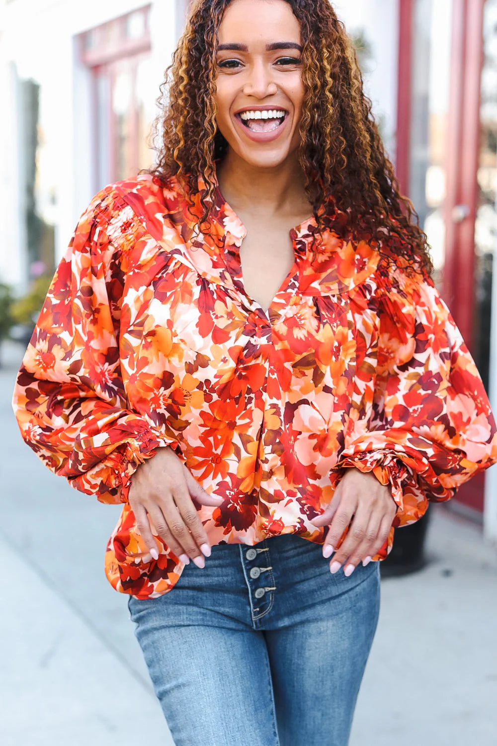 FALL VIBES RUST FLORAL PRINT NOTCHED NECK SMOCKED SATIN BLOUSE-PLUS