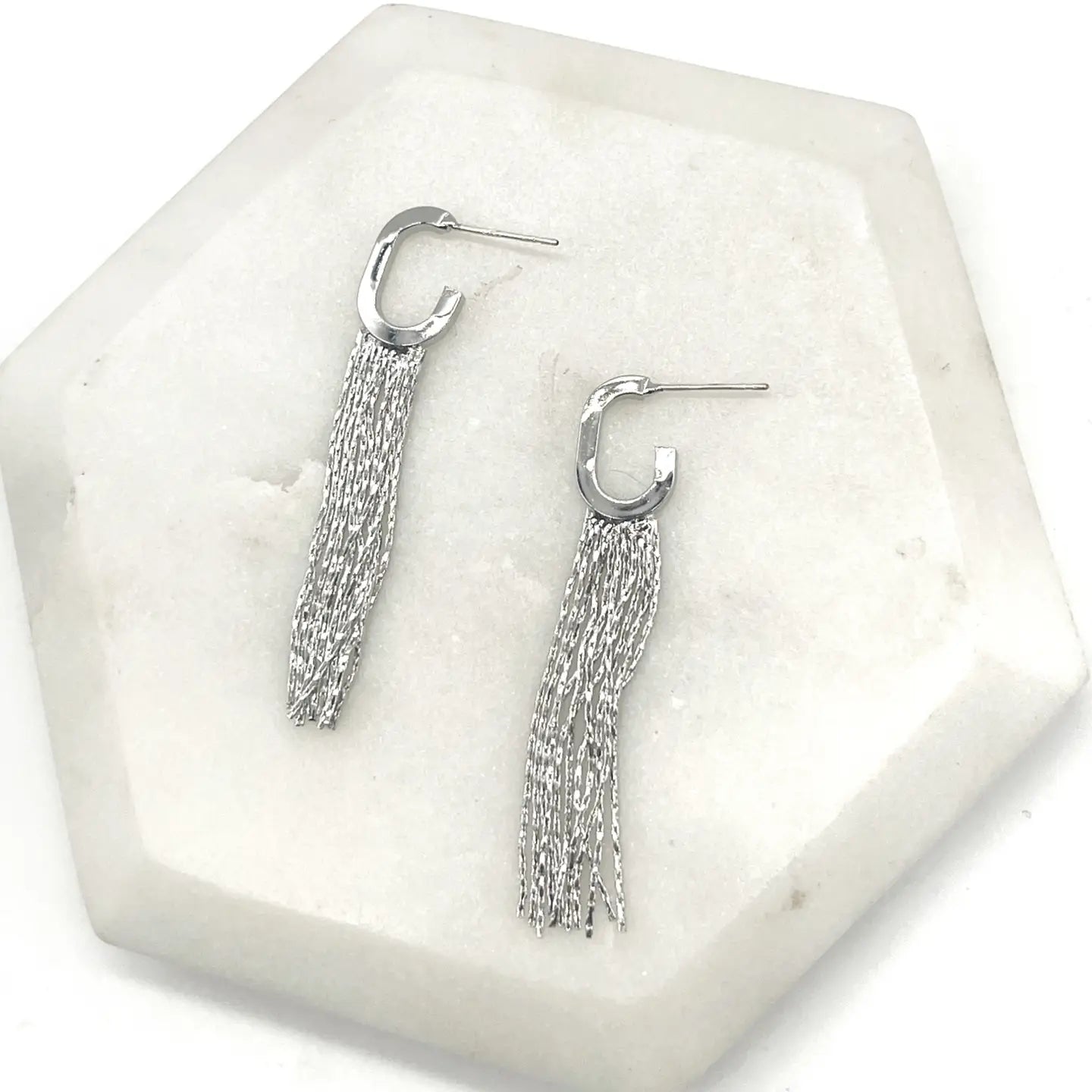 SILVER FRINGE HOOP HUGGIE STATEMENT HANDMADE BBB EARRINGS