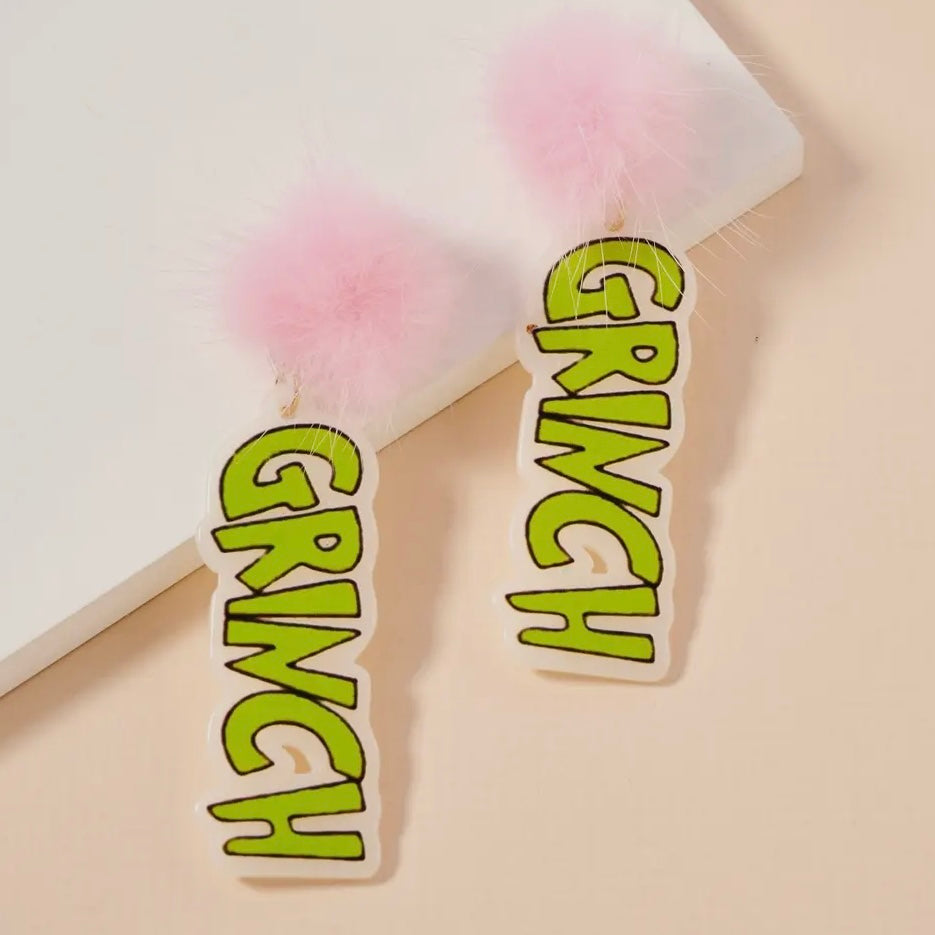 GREEN GRINCHY POM POM EARRINGS WITH PINK