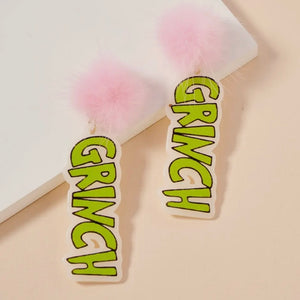 GREEN GRINCHY POM POM EARRINGS WITH PINK