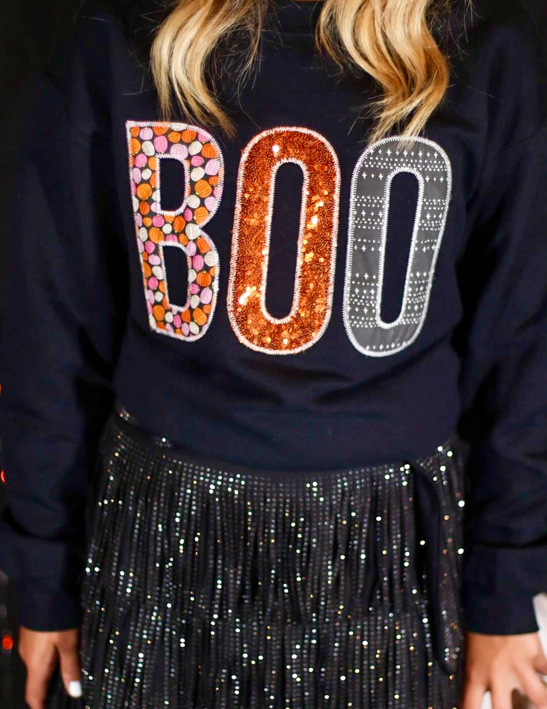 BOO SEQUINS PUMPKIN SPOOKY BLACK HANDMADE APLIQUED SWEATSHIRT