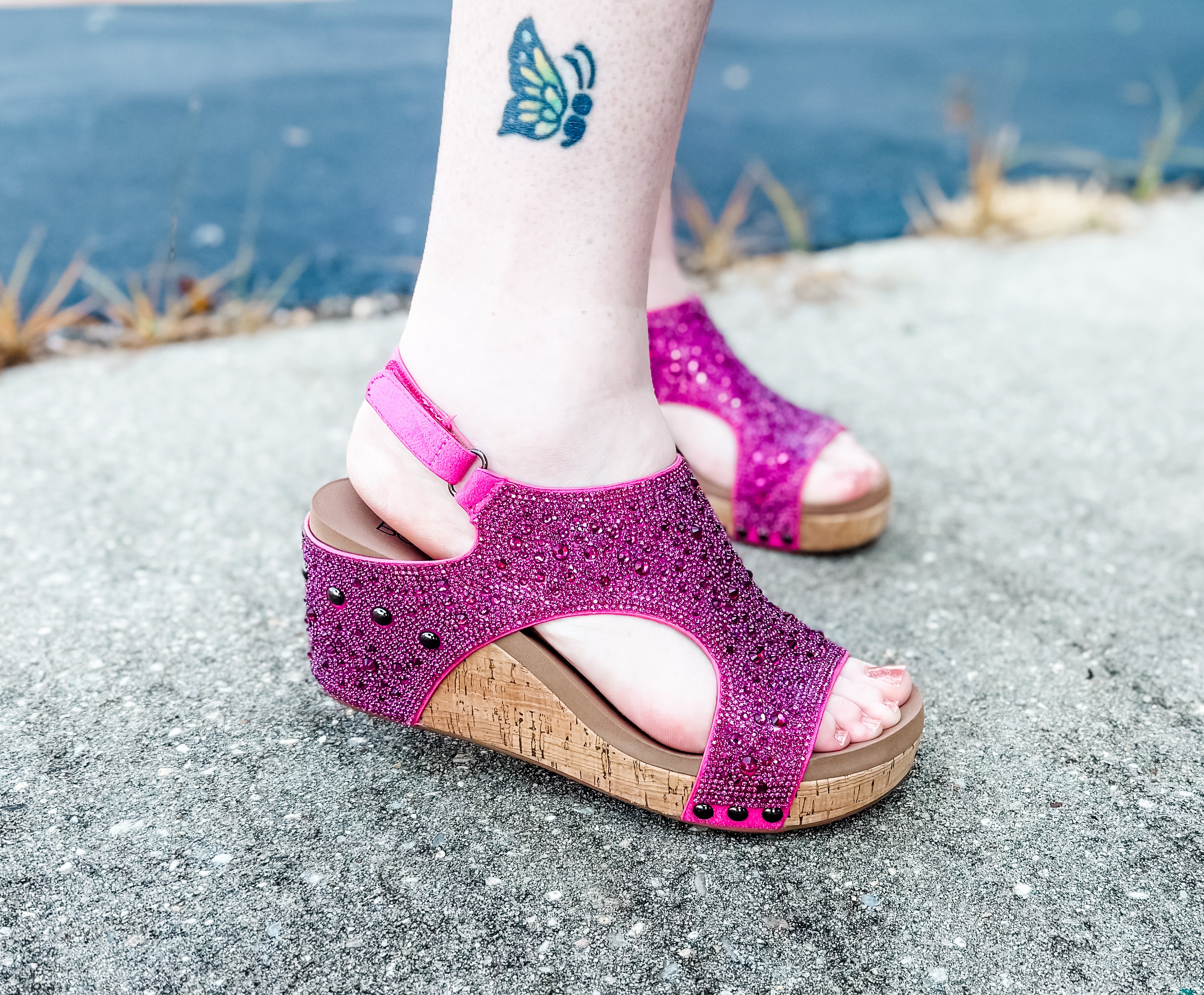 THE ASHLEY FUCHSIA RHINESTONE CORKYS WEDGES- SALE- SIZES 6 & 7 LEFT