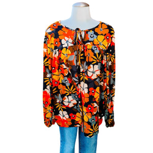 Butterscotch Black Rust Red Floral Longsleeve Tie String Front Top