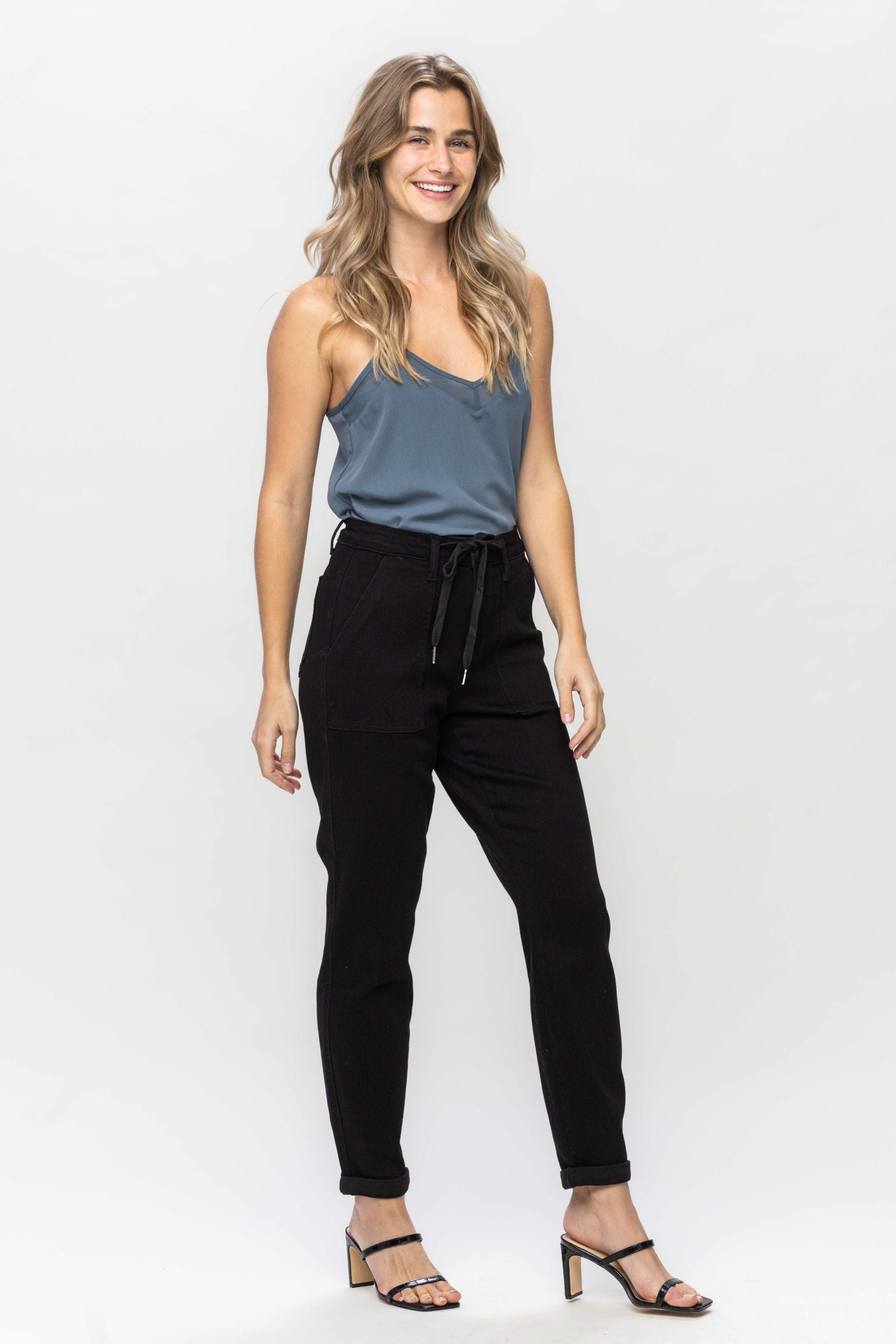 BLACK HIGH WAIST JET BLACK DOUBLE ROLL CUFF JOGGERS JUDY BLUE DENIM