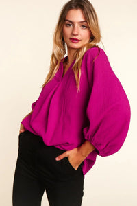 MAGENTA WOVEN SOLID WOVEN 3/4 SLEEVE HI LOW BUBBLE SLEEVE TOP