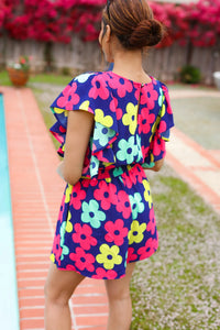 NAVY PINK MAGENTA YELLOW WHITE FEELING BOLD FLORAL SMOCKED WAIST FLUTTER ROMPER-PLUS