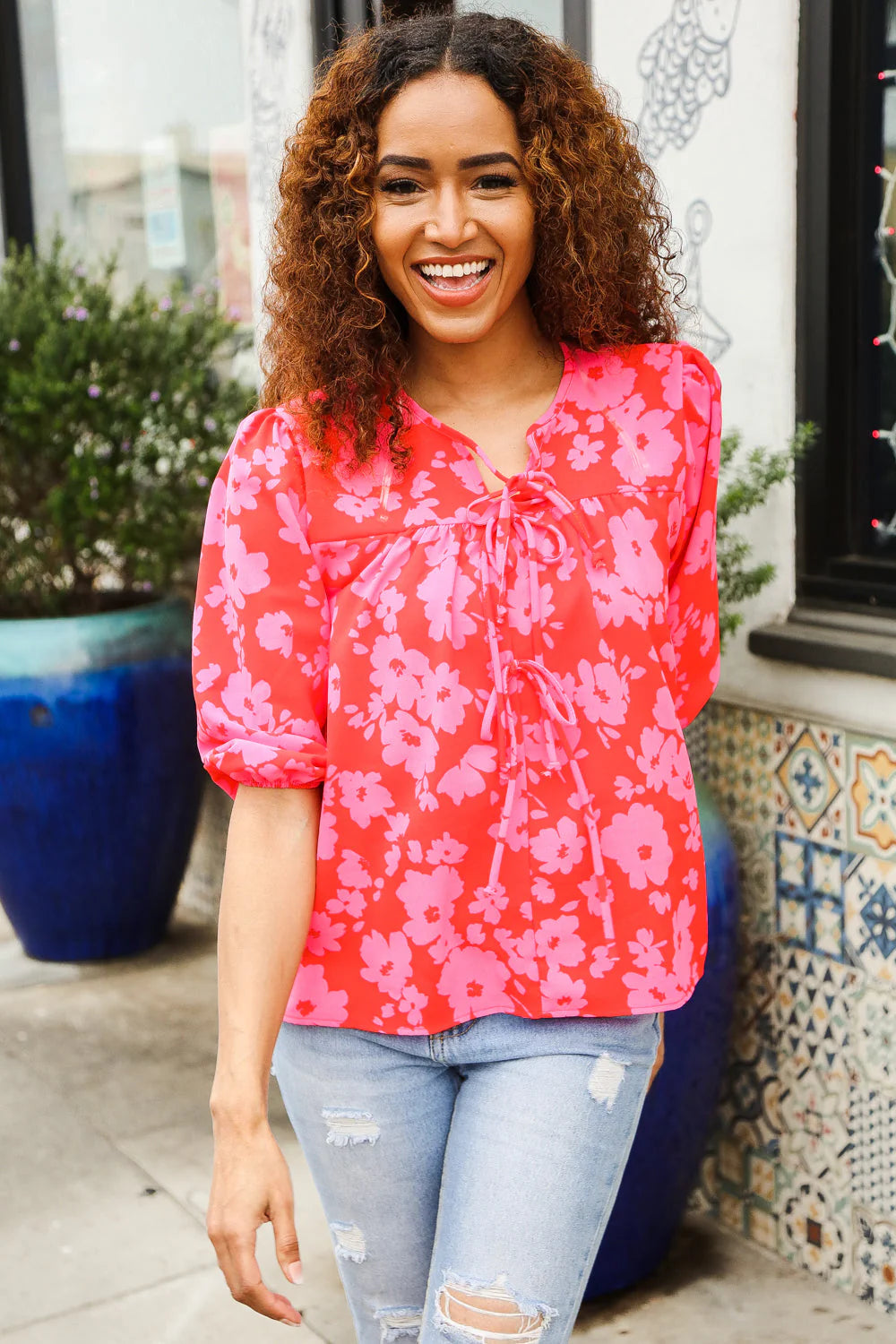 RED PINK RIBBON BOW FLORAL WOVEN TOP