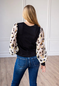 Black Gold Leopard Balloon Sleeve Dream Silky Chiffon Sleeve Top