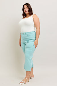 LIGHT BLUE SKY HIGH WAIST GARMENT DYED RAW HEM CROP WIDE LEG JUDY BLUE DENIM-PLUS