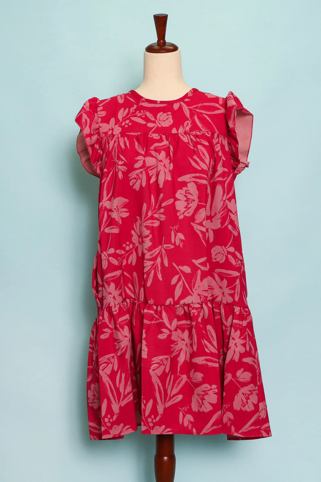 RED FUCHSIA FLORAL TIERED POCKETED DRESS