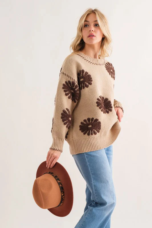TAUPE BROWN FLORAL DESIGN THICK SWEATER-PLUS
