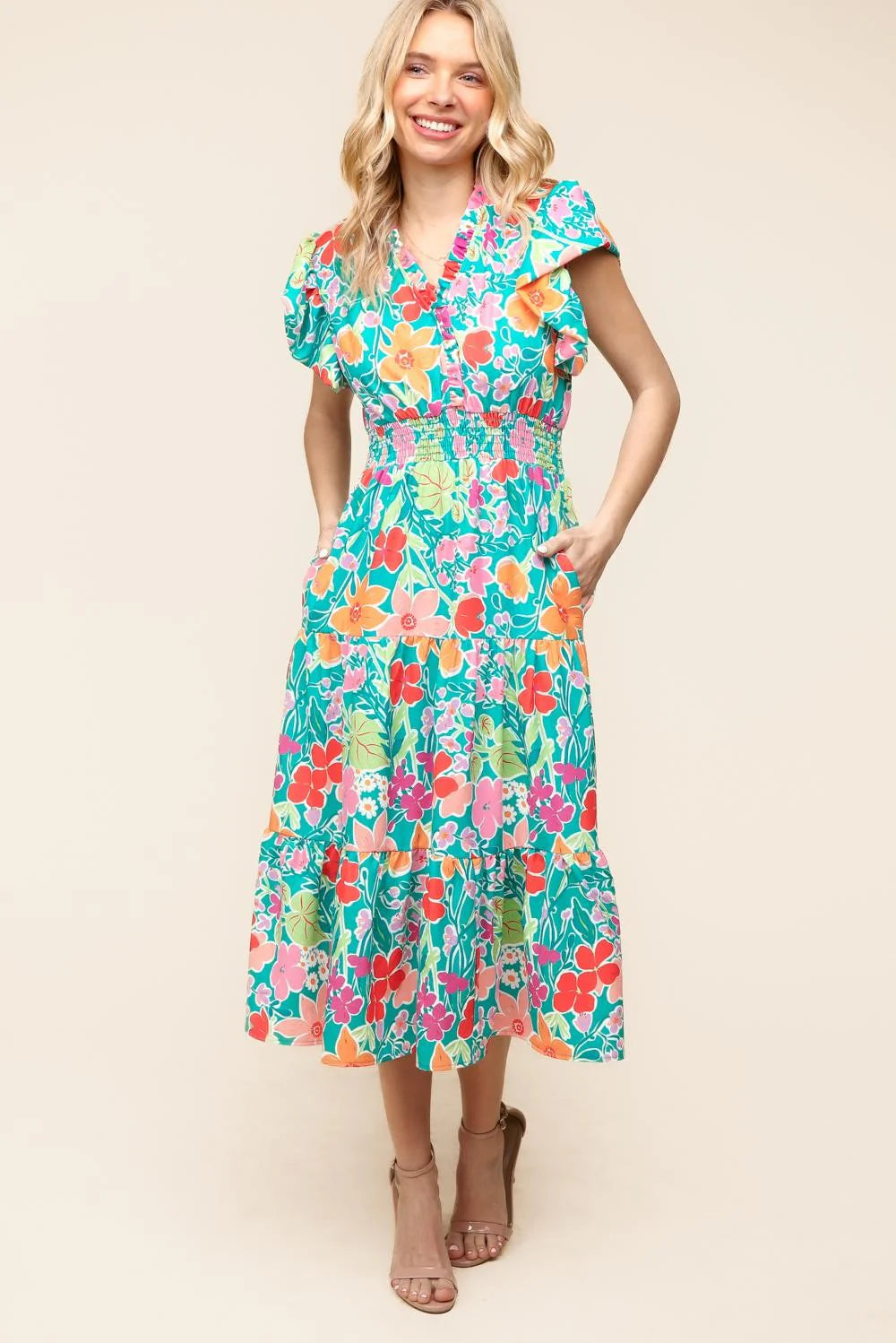 AQUA MINT BLUE CORAL PINK BRIGHT-MULTI MIDI LENGTH FLORAL PRINT SMOCKED WAIST DRESS