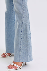 MID RISE RHINESTONE LIGHT WASH SIDE PANEL DETAIL FLARE DENIM JUDY BLUE
