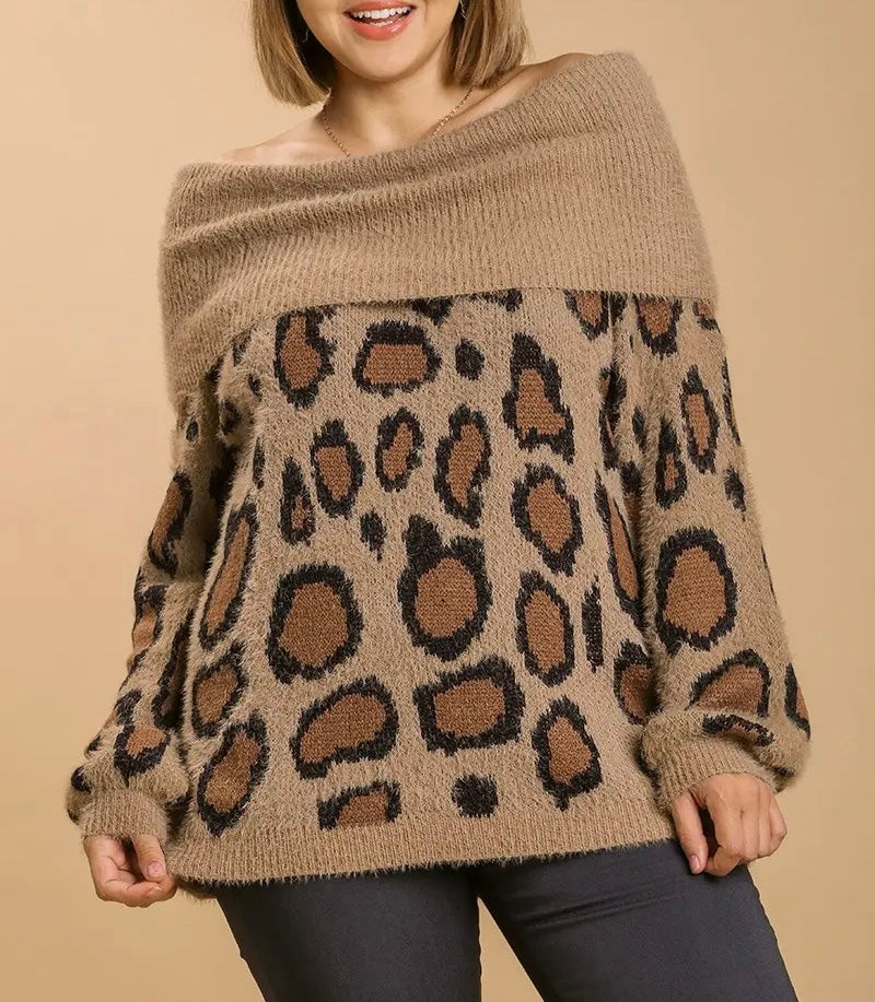 BROWN TAUPE LEOPARD ANIMAL PRINT OFF/ON SHOULDER SWEATER TOP-PLUS