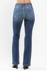 DARKWASH MID RISE HAND SAND DESTROYED BOOTCUT JUDY BLUE DENIM