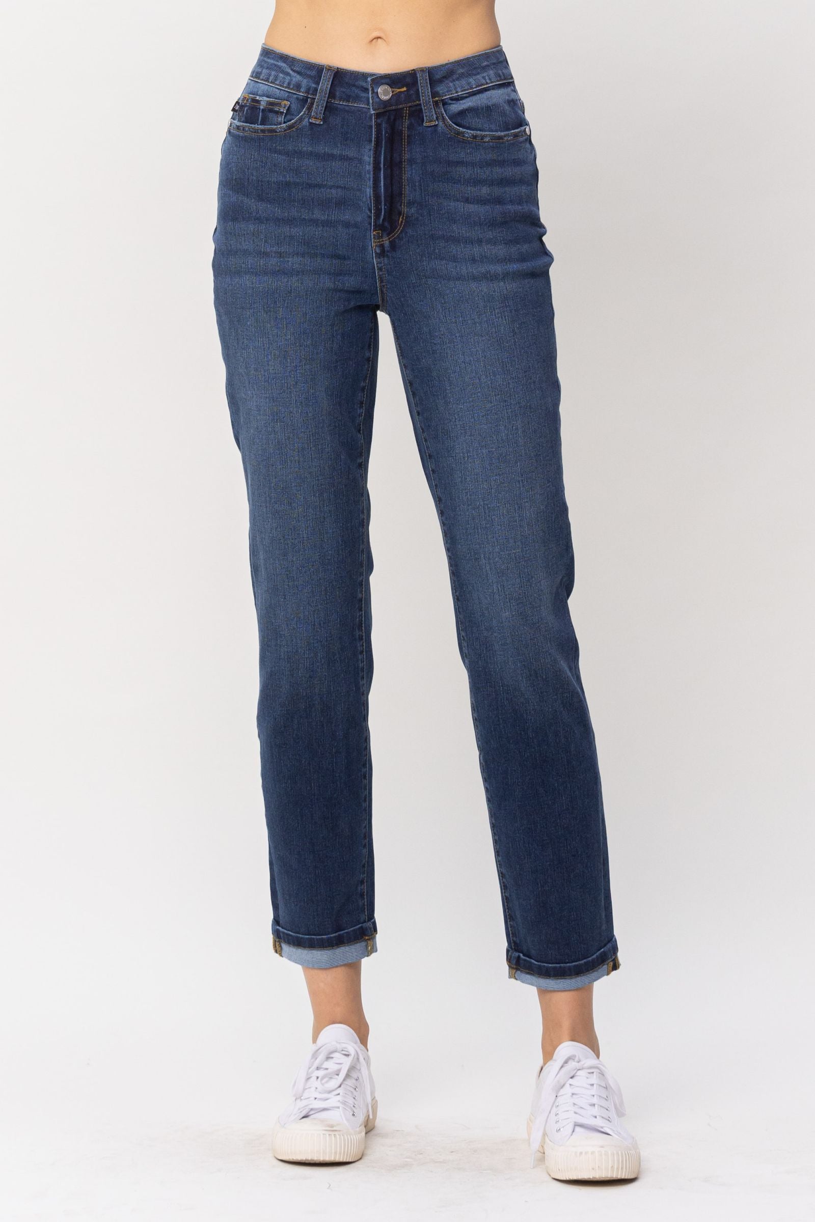 DARKWASH HIGH WAIST COOL DENIM SUSTAINABLE CUFF BOYFRIEND JUDY BLUE DENIM-PLUS