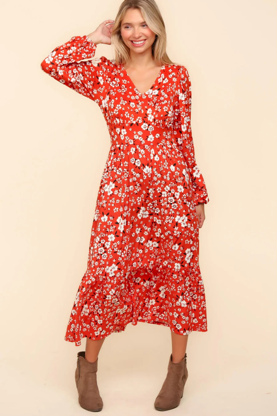 RUST VERMILION MIDI LENGTH FLORAL PRINT POCKETED MAXI DRESS