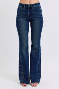 DARKWASH MID RISE RHINESTONE SIDE PANEL DETAIL FLARE JUDY BLUE DENIM-PLUS