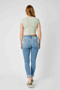 SKINNY MEDIUM WASH MID RISE DESTROYED CUFFED JUDY BLUE DENIM