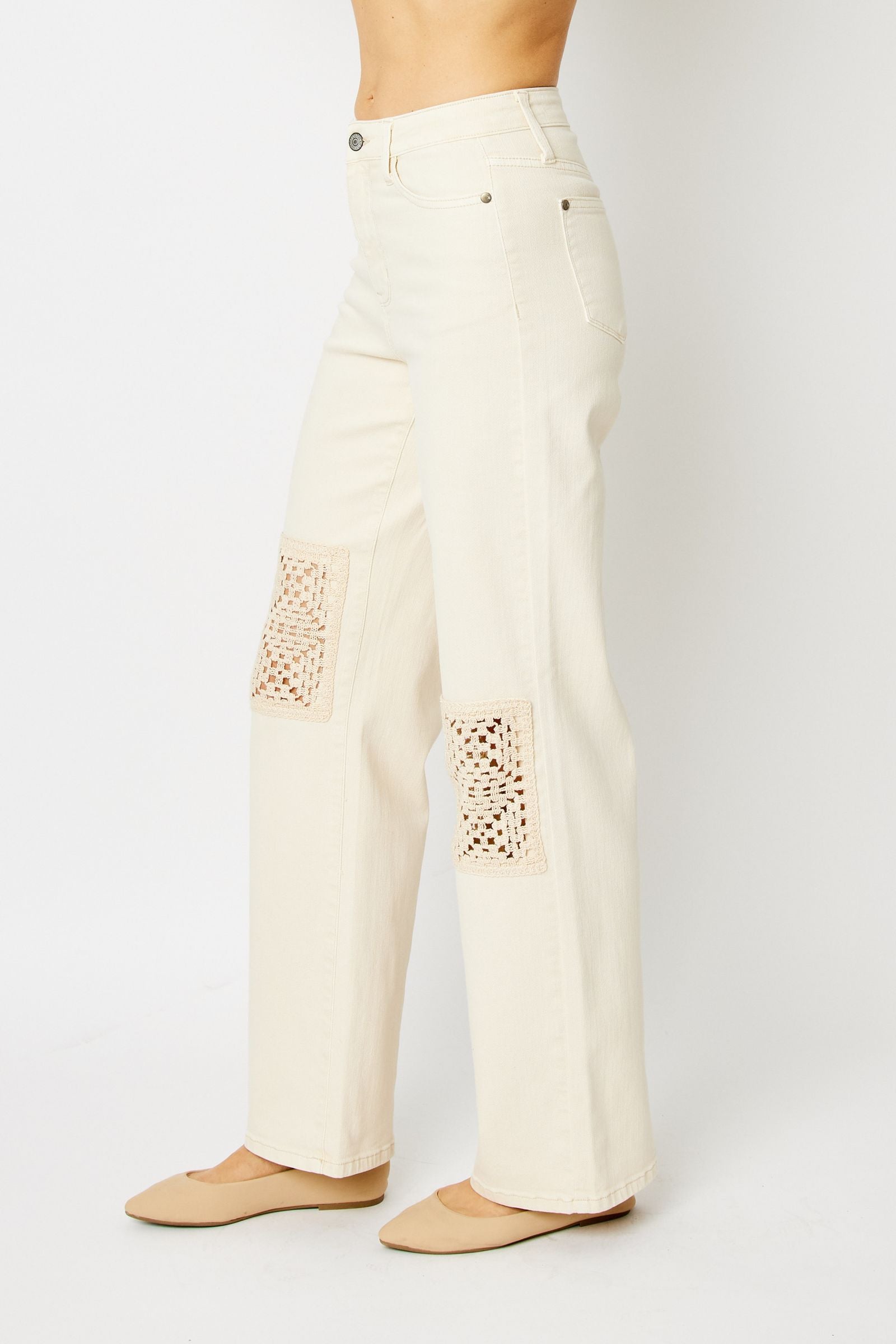 ECRU/OFF-WHITE HIGH WAIST GARMENT DYED CROCHET PATCHES WIDE LEG JUDY BLUE DENIM