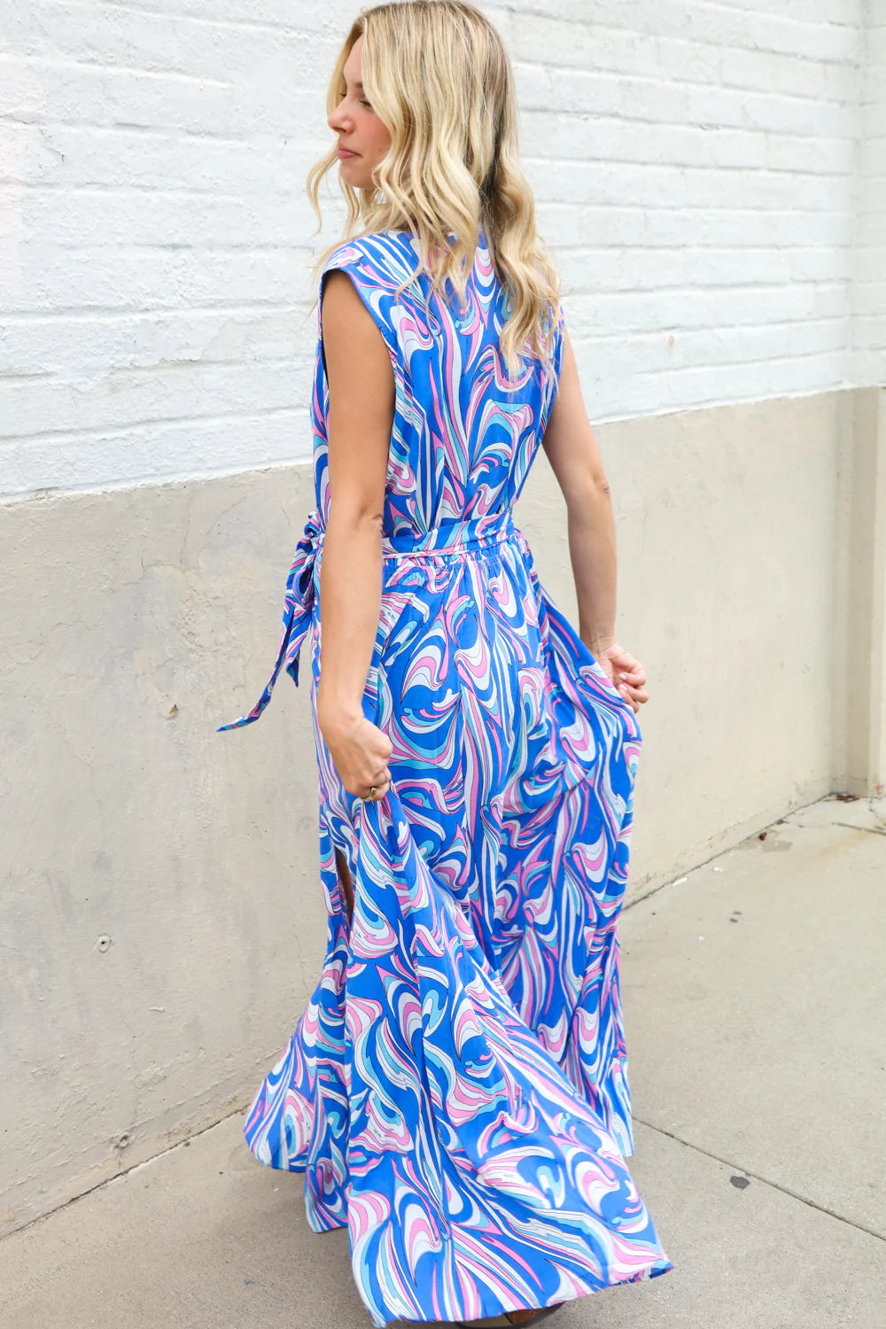 FLOWY PERIWINKLE BLUE MULTI ABSTRACT SIDE-SLIT MAXI DRESS-PLUS