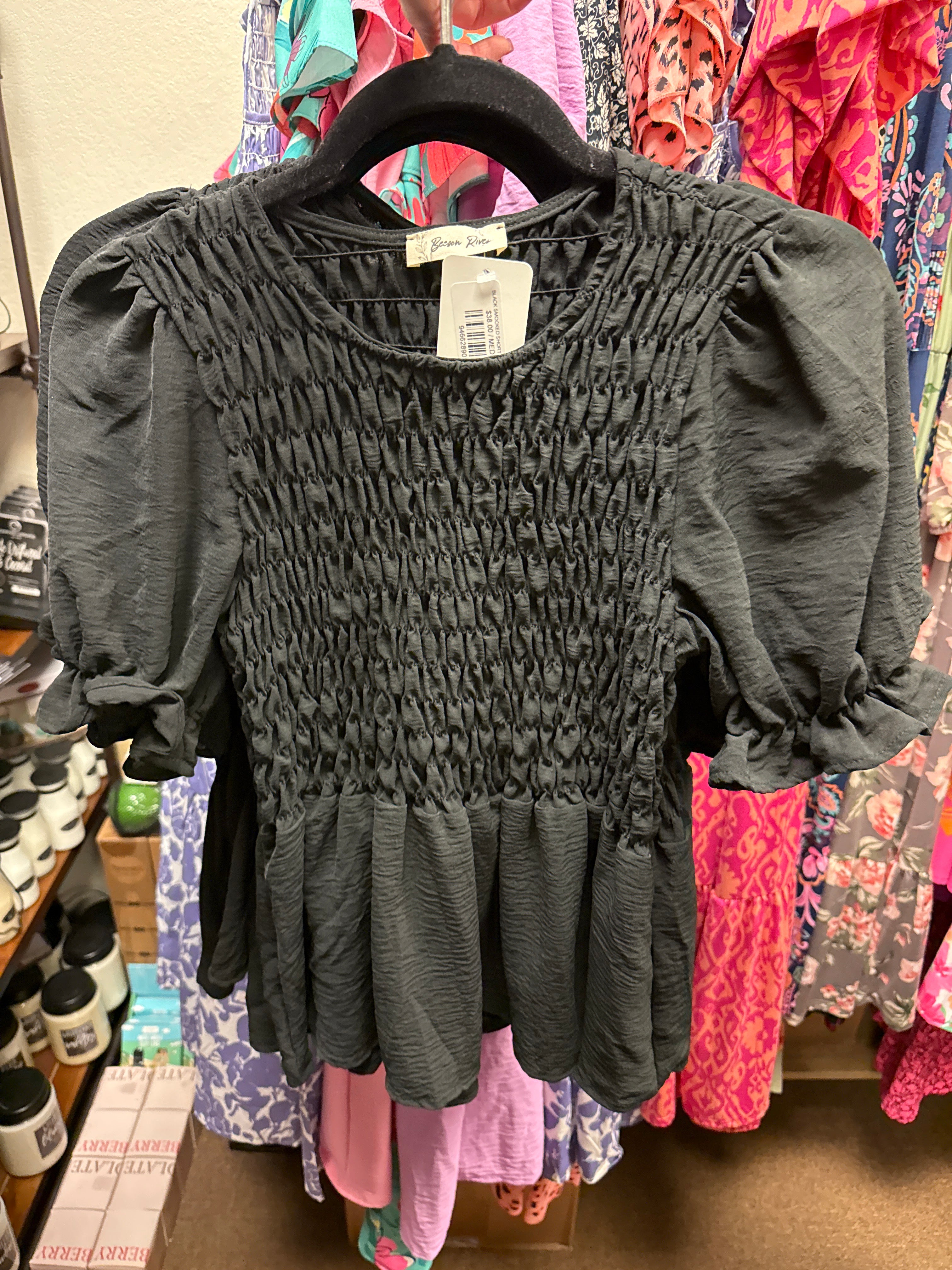 BLACK SMOCKED SHORT SLEEVE TOP- SALE