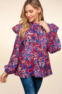 BERRY TEAL MULTI WATERCOLOR FLORAL MOCK NECK FRILLY WOVEN TOP