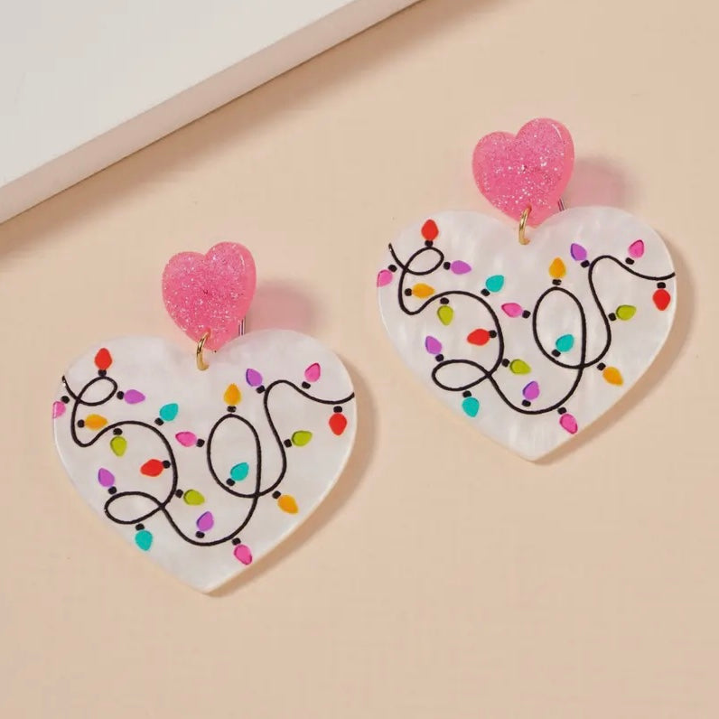 WHITE HEART CHRISTMAS LIGHTS ACRYLIC EARRINGS