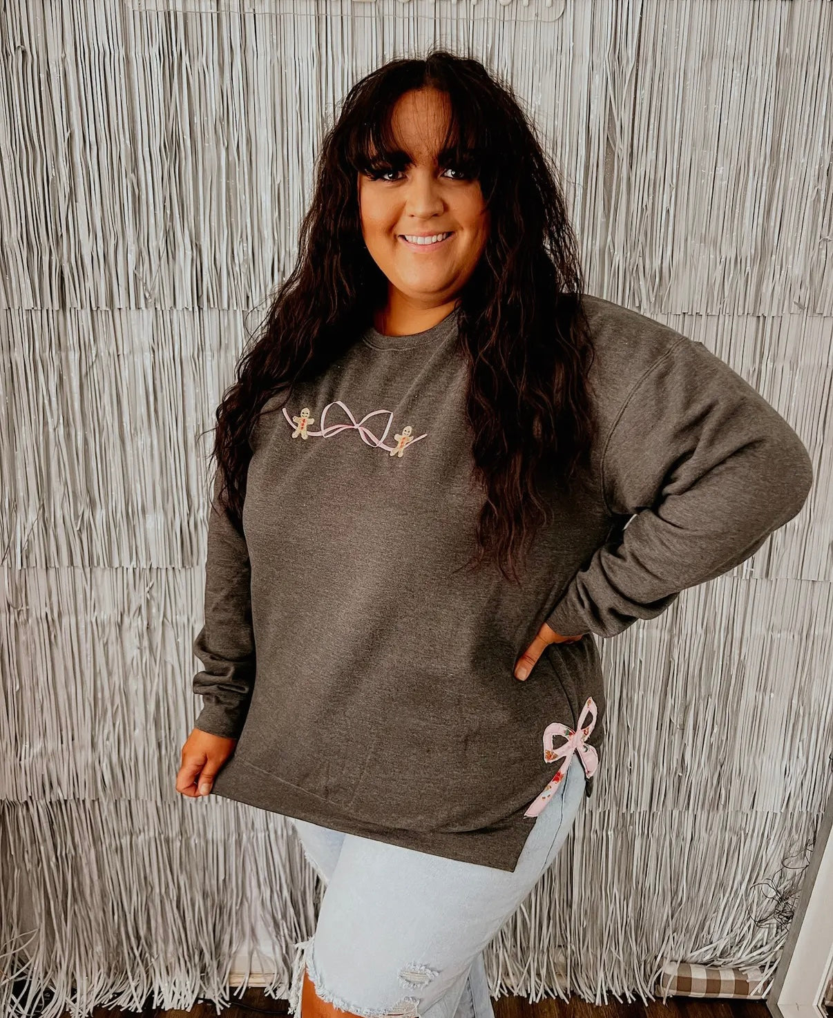 GINGERBREAD BOW SWEATSHIRT HANDMADE APPLIQUED & EMBROIDERED BY TWS
